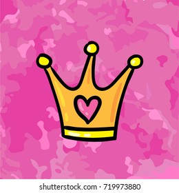 Cute vector comic style cartoon hand drawn illustration of doodle king crown. Print design template, children design element on grunge pink texture background