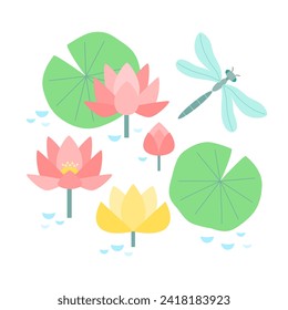 Geräumige Vektorzusammensetzung von Wasserrosa und gelben Lilien auf dem Teich mit Libellenfliege. Kinderschlichte Illustration auf weißem, isoliertem Hintergrund.