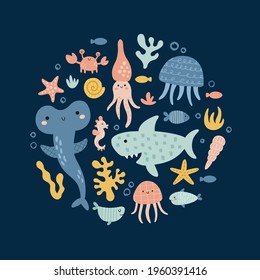 cute vector concept, adorable underwater fish and animals arranged in a circle, dark blue background