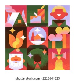 Cute Vector Concept of postcard about Christmas, New Year, Xmas, Winter time, Holiday. Minimal trendy style. Geometric illustrations. Vector Chritmas Icons set.