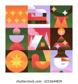 Cute Vector Concept of postcard about Christmas, New Year, Xmas, Winter time, Holiday. Minimal trendy style. Geometric illustrations. Vector Chritmas Icons set.