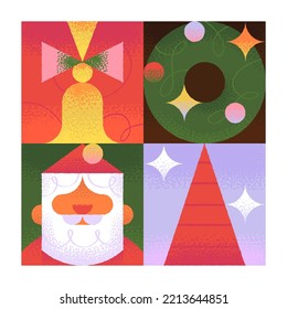 Cute Vector Concept of postcard about Christmas, New Year, Xmas, Winter time, Holiday. Minimal trendy style. Geometric illustrations. Vector Chritmas Icons set.