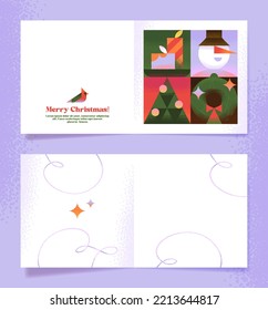 Cute Vector Concept of postcard or Brochure about Christmas, New Year, Xmas, Winter time, Holiday. Minimal trendy style. Geometric illustrations. Invitation card