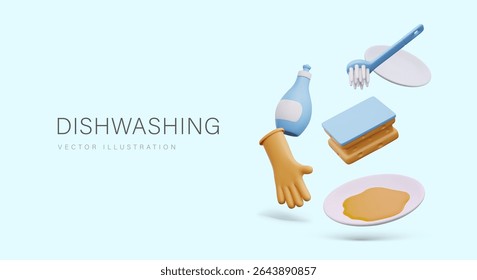 Cute vector concept of washing dishes. Horizontal banner in 3D style on colored background, place for text. Dirty and clean plate, rubber glove, sponge, detergent bottle with empty label, brush
