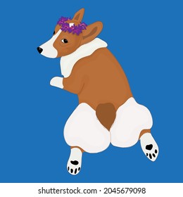 Cute vector corgi with purple flowers on bright background