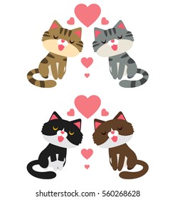 Cute Vector Couple Cat with Hearts, isolated on White Background.