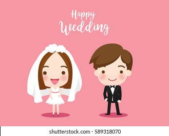 Cute Vector Couple With Text Happy Wedding. Vector Illustration