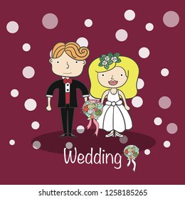 cute vector couple.Wife holding flower with bubble background