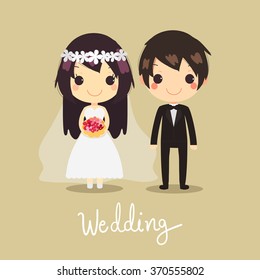 cute vector couple.Wife holding flower with text Wedding