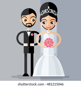 cute vector couple.Wife holding flower - in flat style.