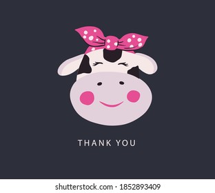 Cute vector cow face. Animal head with bandans, greeting card. 2021 New Year sign. Funny kid cartoon art.
