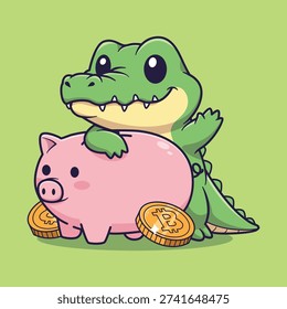 Cute Vector Crocodile Hugging Piggy Bank Cartoon Crypto Finance Illustration