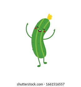 Cute vector cucumber cartoon character, smiling, dancing, having fun.
