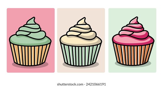 Cute vector cupcake design with 3 flavors suitable for background on menu designs, posters or used as stickers