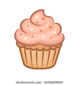Cute Vector Cupcake with Pink Cream Frosting and Sprinkles. Kawaii Style Dessert Illustration.