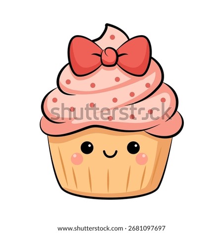 Cute Vector Cupcake with Pink Cream Frosting and Red Hair Bow. Kawaii Style Dessert Vector Illustration on White Background.
