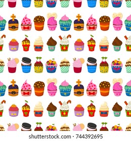 Cute vector cupcakes and muffins chocolate seamless pattern background celebration birthday food sweet bakery party cute sprinkles decoration.