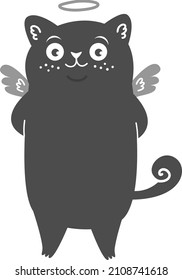 Cute vector cupid cat. Black kitten with wings and halo. Cute baby illustration