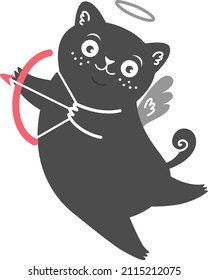 Cute vector cupid cat. Black kitten with wings and halo. Cute baby illustration. The kitten is holding a bow and arrow.