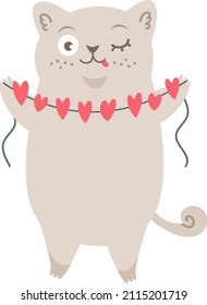 Cute vector cupid cat. Kitten with wings and halo. Cute baby illustration. Kitten holding a garland of hearts