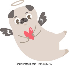 Cute vector cupid pug. Puppy with wings and halo. Cute baby illustration