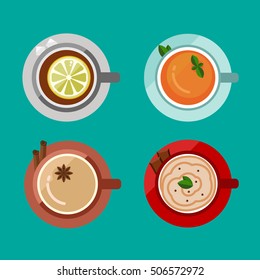 Cute vector cups tea and coffee icon set
