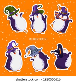 Cute vector dancing  penguins set. Happy Halloween. Different hats, various poses. All elements are isolated. Pre-made stickers.