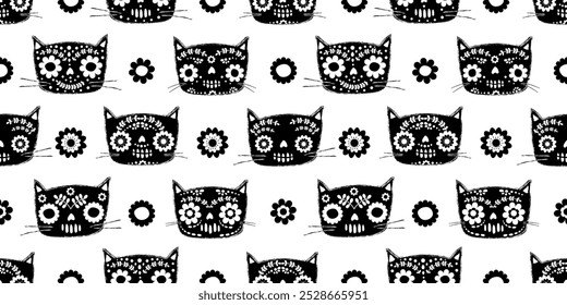 Cute vector Day of the Dead vector seamless pattern with floral cat head skulls, Mexican Dia De Los Muertos and Halloween animal and flower background in  black and white