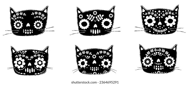 
Cute vector Day of the Dead set with floral cat head skulls, Mexican Dia De Los Muertos and Halloween animal graphic design elements