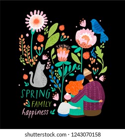 cute vector decorative illustration of spring, family, pet cat and bird surrounded by an ornament of flowers and plants, a magic fairy tale floral card or poster