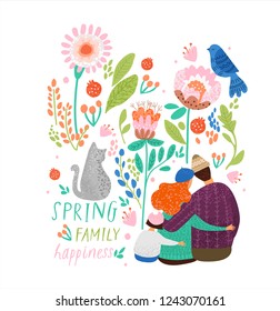 cute vector decorative illustration of spring, family, pet cat and bird surrounded by an ornament of flowers and plants, a magic fairy tale floral card or poster