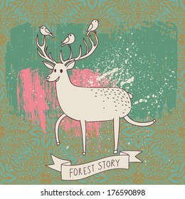 Cute vector deer in vector. Funny cartoon card in spring colors. Forest concept background