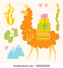 Cute vector design with cartoon lama character and cacti