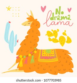 Cute vector design with cartoon lama and cacti and no drama lama lettering