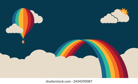 Cute vector design with hot air balloons and rainbow over the 