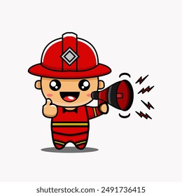 cute vector design illustration of firefighter character mascot with megaphone	