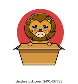 cute vector design illustration of a lion character in a box with a sad face	