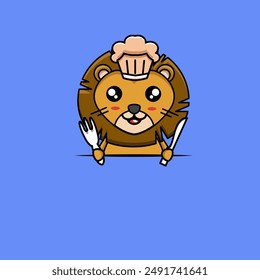 cute vector design illustration of a lion chef mascot holding cutlery	
