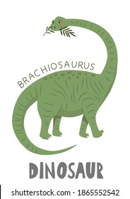 Cute vector dinosaur brachiosaurus and jurassic period plants.