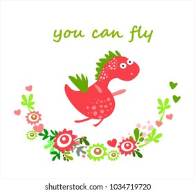 Cute vector dinosaur. Card, frame, flowers