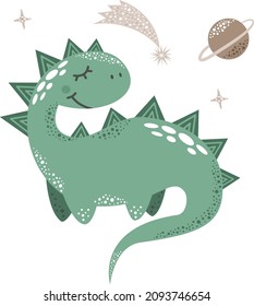 Cute vector dinosaur. Shooting star, saturn, stars, space. Print for children's clothing.