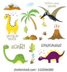 Cute vector dinosaurs isolated on white background. Dinosaur footprint, Volcano, Palm tree, Stones, Bone, Eggs and Cactus.
