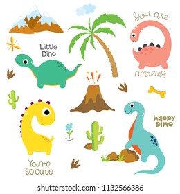 Cute vector dinosaurs isolated on white background. Dinosaur footprint, Volcano, Palm tree, Stones, Bone, Eggs and Cactus.