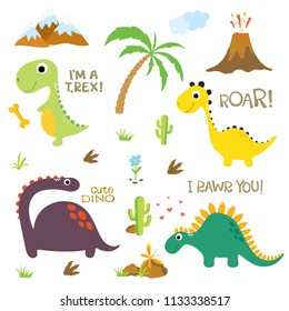 Cute vector dinosaurs isolated on white background. Dinosaur footprint, Volcano, Palm tree, Stones, Bone and Cactus.