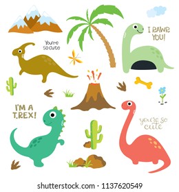 Cute vector dinosaurs isolated on white background. Dinosaur footprint, Volcano, Palm tree, Stones, Bone and Cactus