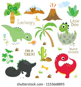 Cute vector dinosaurs isolated on white background. Dinosaur footprint, Volcano, Palm tree, Stones, Bone and Cactus.