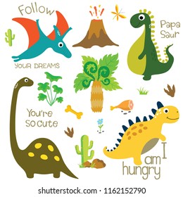 Cute vector dinosaurs isolated on white background. Dinosaur footprint, Volcano, Palm tree, Stones, Bone and Cactus.