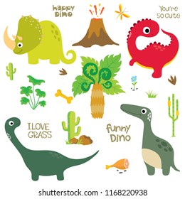 Cute vector dinosaurs isolated on white background. Dinosaur footprint, Volcano, Palm tree, Stones, Bone and Cactus.