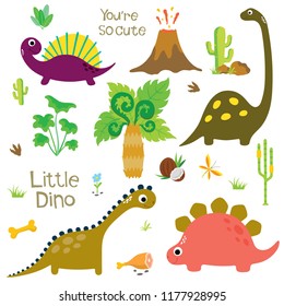 Cute vector dinosaurs isolated on white background. Dinosaur footprint, Volcano, Palm tree, Stones, Bone and Cactus.
