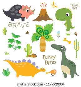 Cute vector dinosaurs isolated on white background. Dinosaur footprint, Volcano, Palm tree, Stones, Bone and Cactus.

